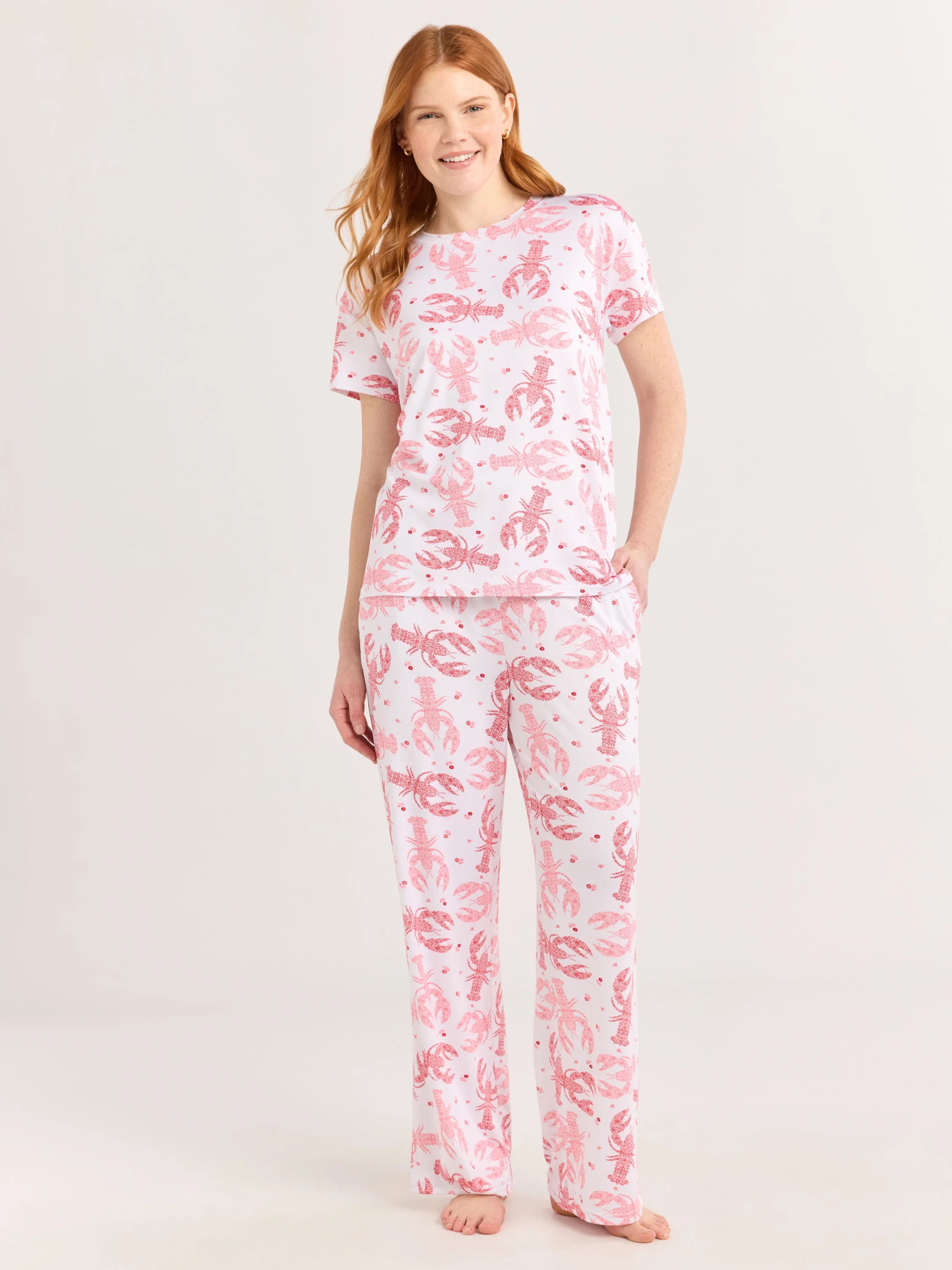 Joyspun Women's Short Sleeve Sleep Top and Open Leg Pants Pajama Set, 2-Piece, Sizes XS-3X | Walmart (US)