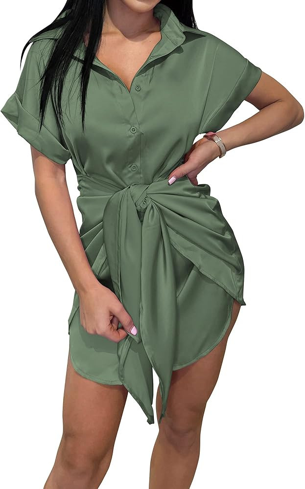 Okiwam Women Satin Dress 2023 Summer V Neck Tie Waist Button Down Short Sleeve Casual Mini Cockta... | Amazon (US)