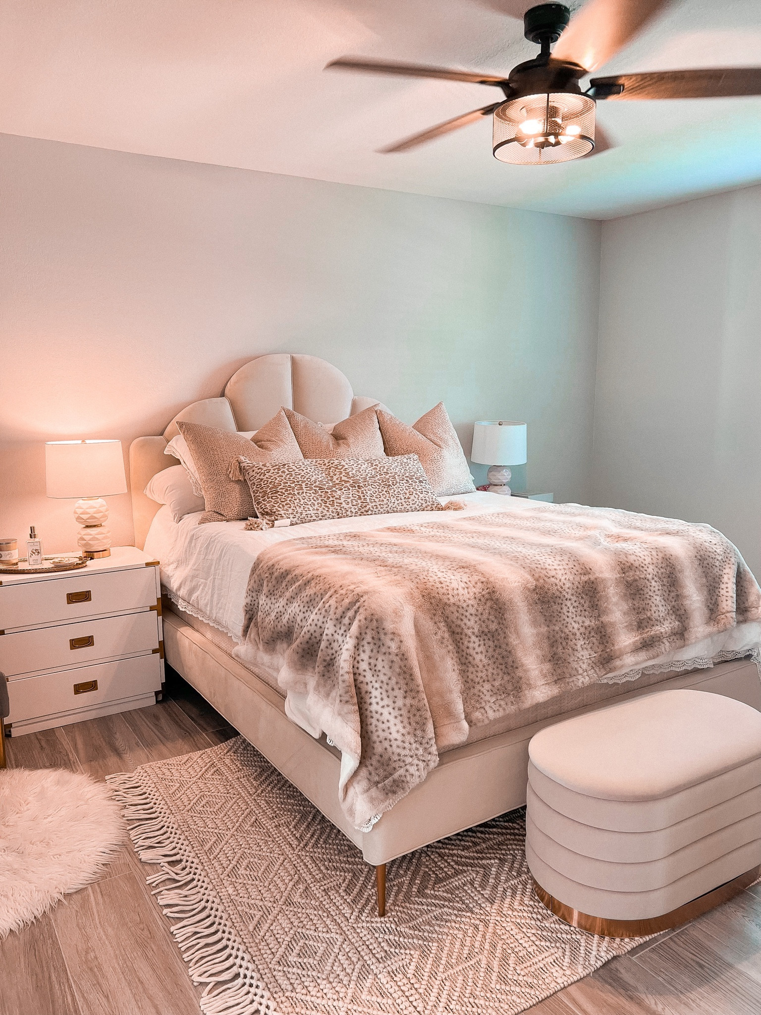 Neutral and blush bedroom decor. Pink tufted bed, white nightstands, throw pillow and more 

#LTKGiftGuide #LTKfamily #LTKhome
