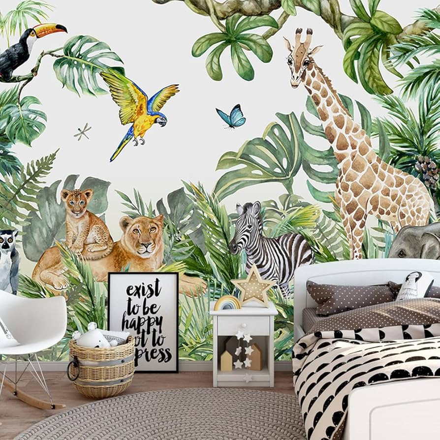 Safari Wallpaper for Children with Animals Jungle Wall Mural Watercolor Animals Nursery Wallpaper... | Amazon (US)