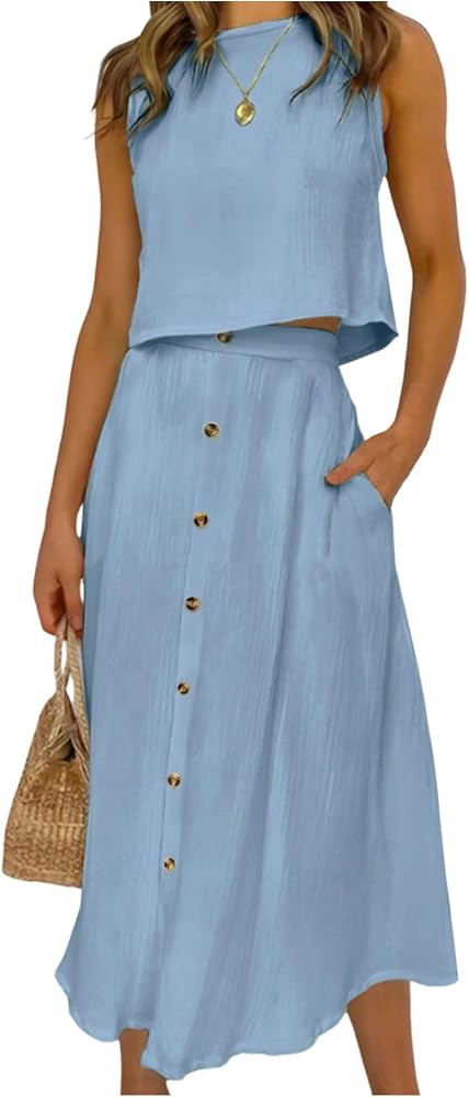 SOLY HUX Women's 2 Piece Skirt Sets Sleeveless Tank Tops and Button Front Skirt Summer Vacation O... | Amazon (US)