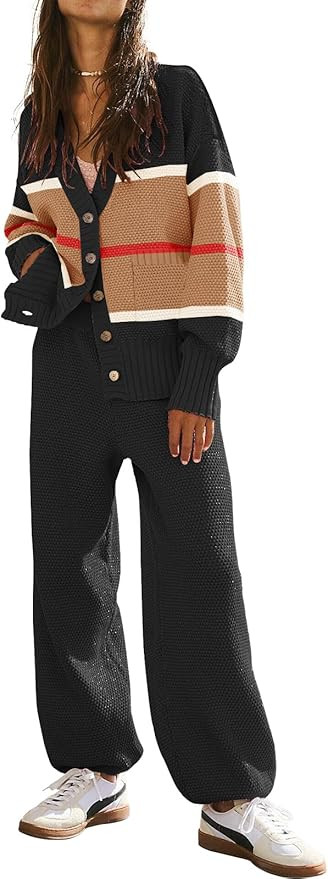 Women's 2 Piece Outfit Lounge Set Trendy Cardigan Sweater Pants Sets V Neck Button Pocket Knit Ma... | Amazon (US)