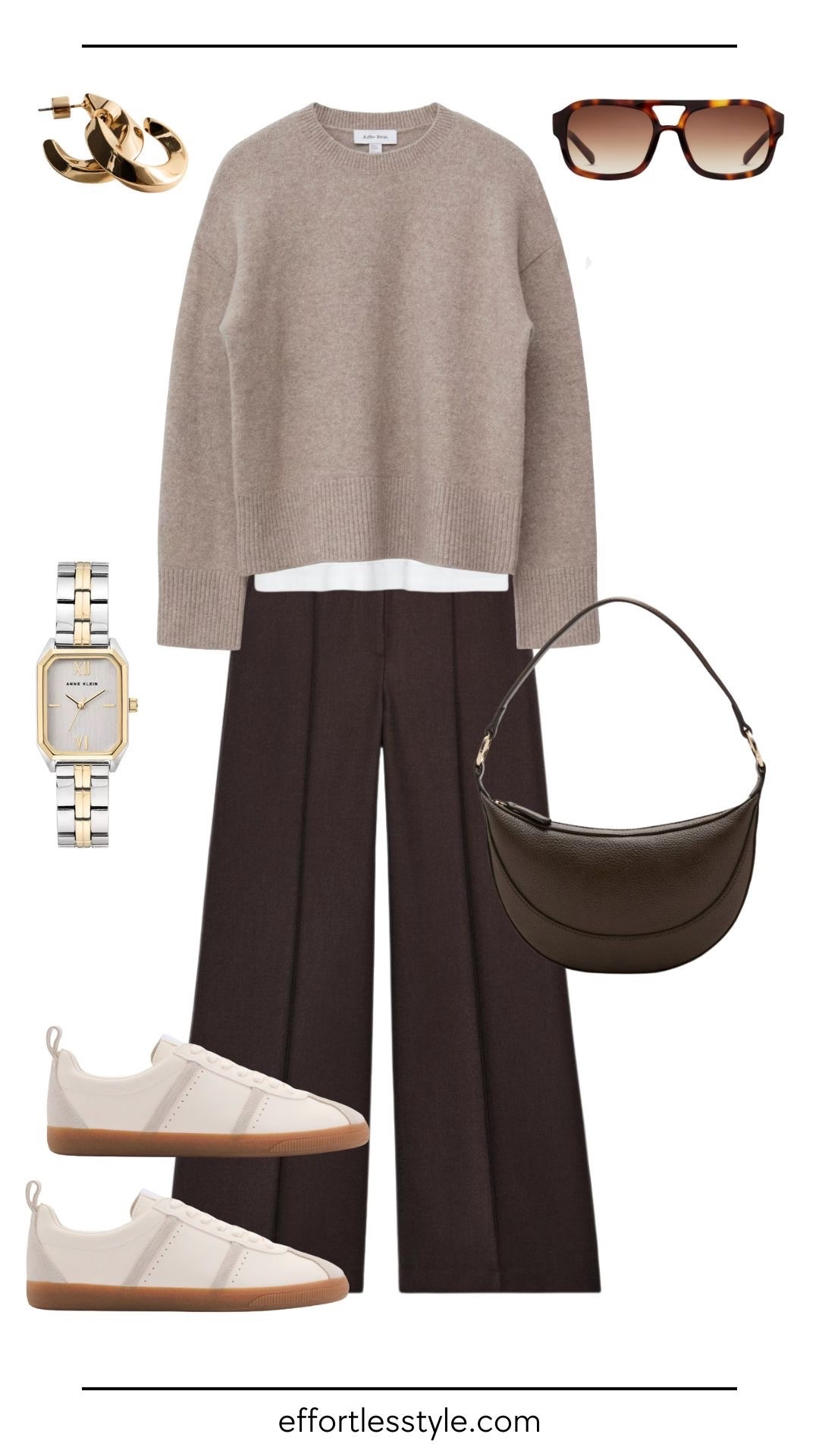 This neutral combination always feels elevated, even when budget-friendly. A soft neutral sweater with rich brown wide-leg trousers creates a tonal palette that instantly reads polished and intentional. Keeping everything in the same color family is one of the easiest ways to make affordable pieces look high-end. Neutral sneakers keep it practical, while a structured brown shoulder bag, gold hoops, classic watch, and sunglasses add just enough refinement. It’s a simple formula that works every time: tonal neutrals + clean lines + classic accessories.



#LTKdayinmylife #LTKootd #LTKgrwm