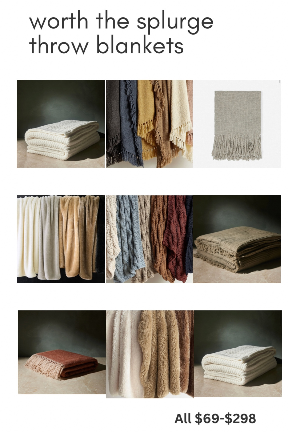 Roundup of my favorite cozy blankets! Most are $69-$150. The top right one is the $298 one! Looks for less, home decor, neutral decor, modern decor, arhaus, looks for less, chandelier, accent furniture, accent chair, neutral aesthetic, arhaus, restoration hardware, bedroom decor, master bedroom, home update, diy home project, home remodel, organic modern decor, Scandinavian home, Japandi home decor 

#LTKunder100 #LTKhome #LTKsalealert