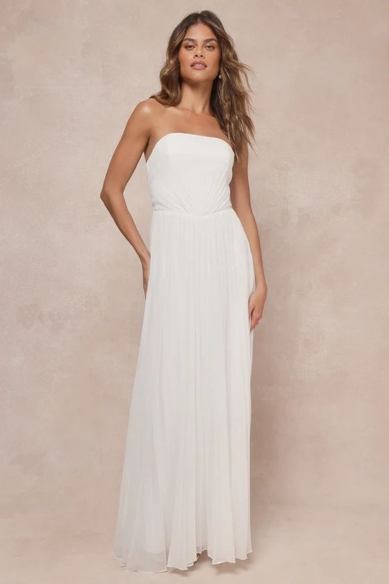 White Pleated Strapless A-Line Maxi Dress | Wedding Dress Bride | Summer Wedding Dress | Lulus
