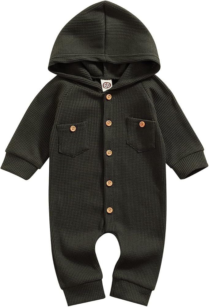 Winter Newborn Baby Boy Girl Solid Romper Unisex Infants Hooded Outfit Clothes Waffle Cotton Butt... | Amazon (US)