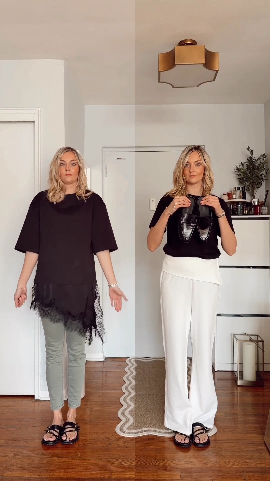 The outfit on the left feels boxy and outdated, so try looking at the proportions first. A cleaner pair of sweatpants, a simple tee, and slides can still feel relaxed while looking way more modern.

Wearing size S in top and pants! 

outfit fixes, Zara pants, outfit idea, outfit proportions, spring outfit idea, black 

#LTKTall #LTKSaleAlert #LTKootd