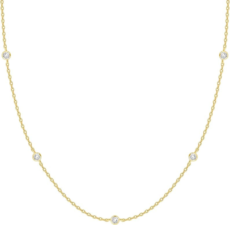 PAVOI 14K White Gold Plated Station Necklace | Simulated Diamond BTY Necklace | Womens CZ Chain Neck | Amazon (US)