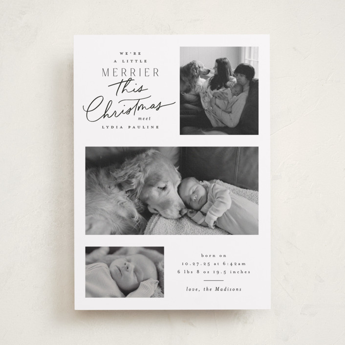 "Merrier This Year" - Customizable Holiday Birth Announcements in White by Everett Paper Goods. | Minted