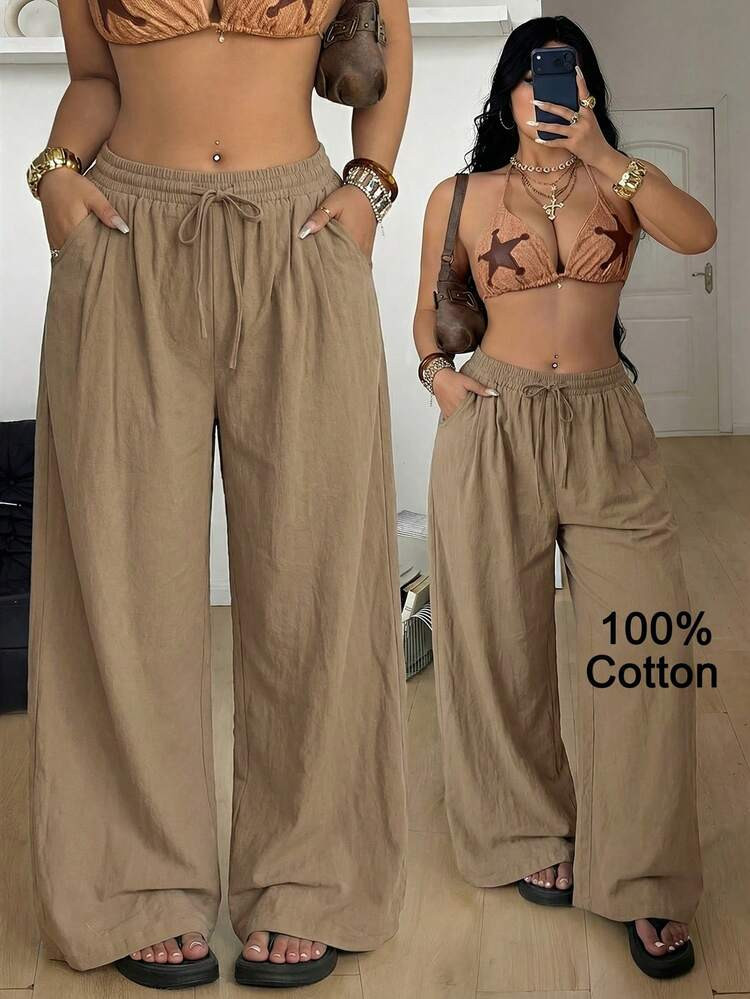 Coolane Women's Plus Size Summer Going Out Vacation Holiday Casual Boho Outfit Oversized Casual Drawstring Waist Cotton Loose High-Waist Pant | SHEIN USA | SHEIN