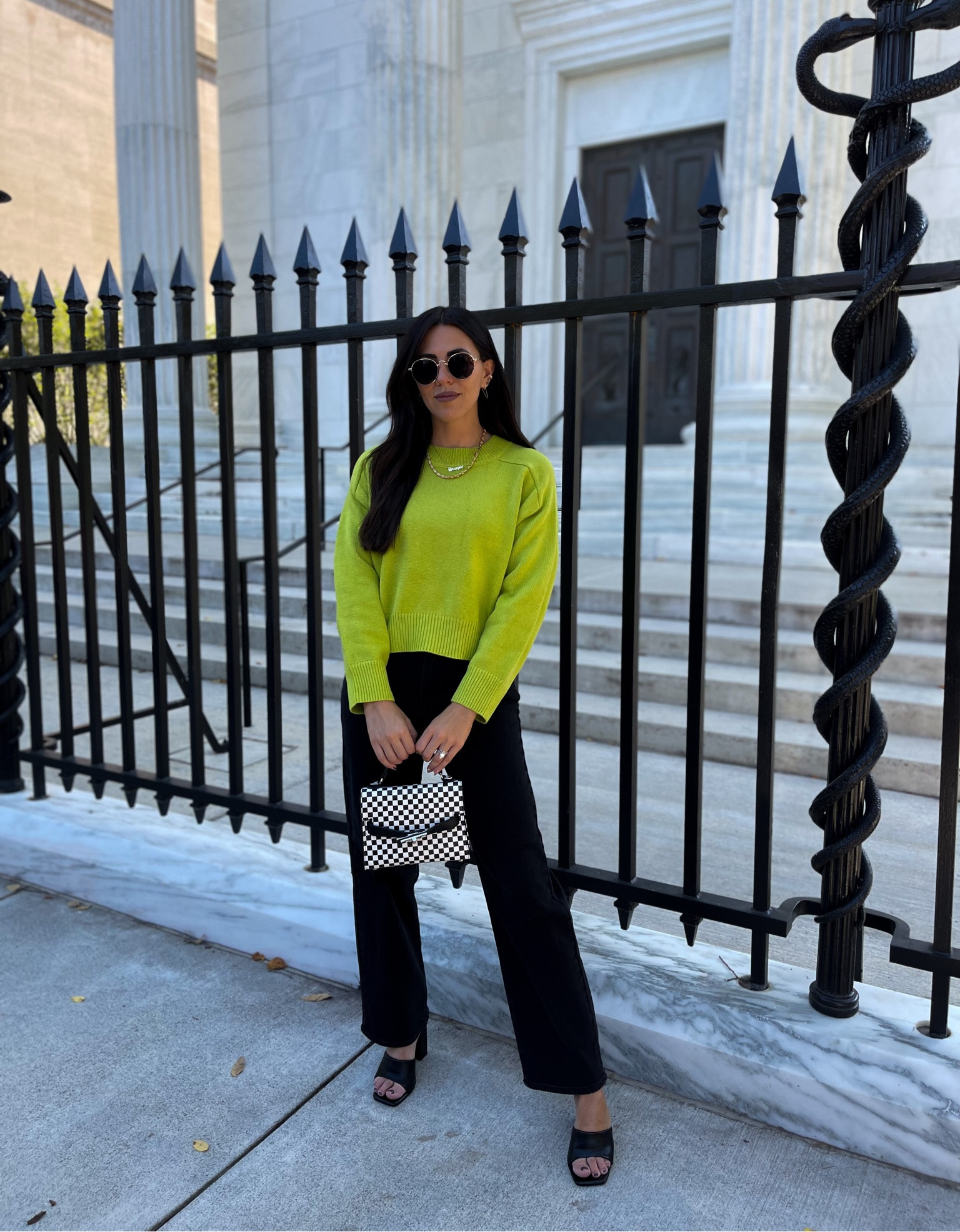 Fall outfit — edgy bold colors and checkered print 

Sweater (small) black straight leg jeans (size 6) black block heels (8) 

#LTKshoecrush #LTKunder50 #LTKSeasonal