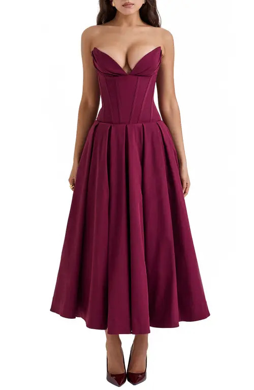 HOUSE OF CB Lady Strapless Midi Dress in Windsor Wine at Nordstrom, Size Medium A | Nordstrom