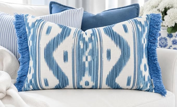 Ikat Diamond Print Lumbar Pillow Cover 12x20, Blue | Feathered blue ikat diamonds on white with m... | Amazon (US)