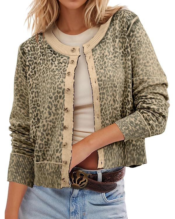 Leopard Cardigan Open Front Button Up Sweaters for Women Long Sleeve Shrug Cheetah Print Top Crop... | Amazon (US)