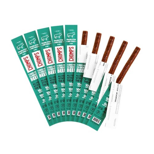 CHOMPS Grass Fed Beef Jerky Meat Snack Sticks, AIP Diet Compliant, Keto, Paleo, Whole30 Approved, Low Carb, Gluten Free, Sugar Free, Non-GMO, 90 Calories 1.15 Oz Stick, Italian Beef 10 Pack | Amazon (US)