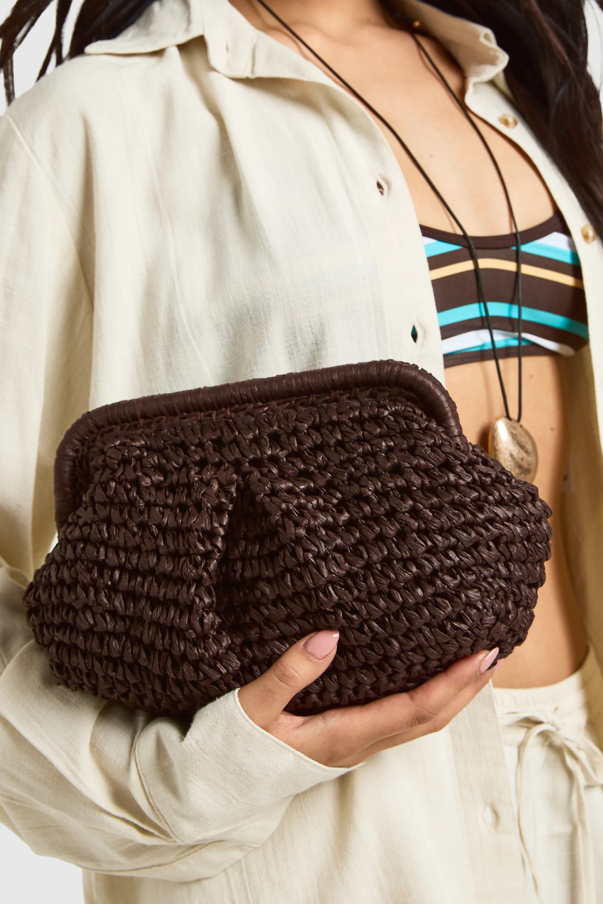 Chocolate Raffia Slouchy Clutch Bag | Boohoo | Boohoo.com (UK & IE)