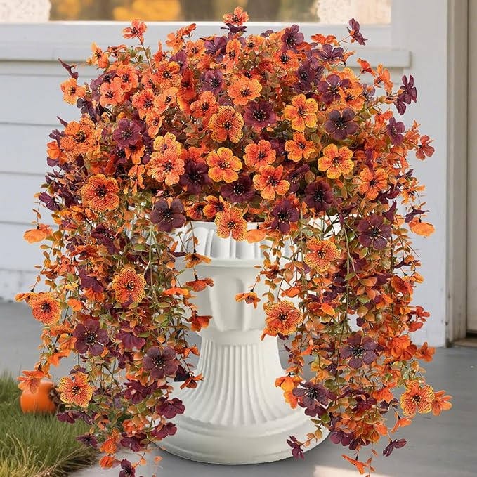Artificial Fake Fall Hanging Flowers Plants for Outdoors Autumn Decoration, 4 Pack Faux Silk Mums... | Amazon (US)