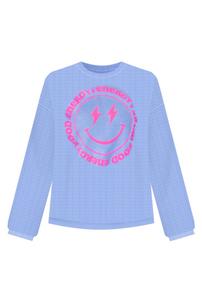 Bring Good Energy Puff Blue Corded Graphic Sweatshirt | Pink Lily