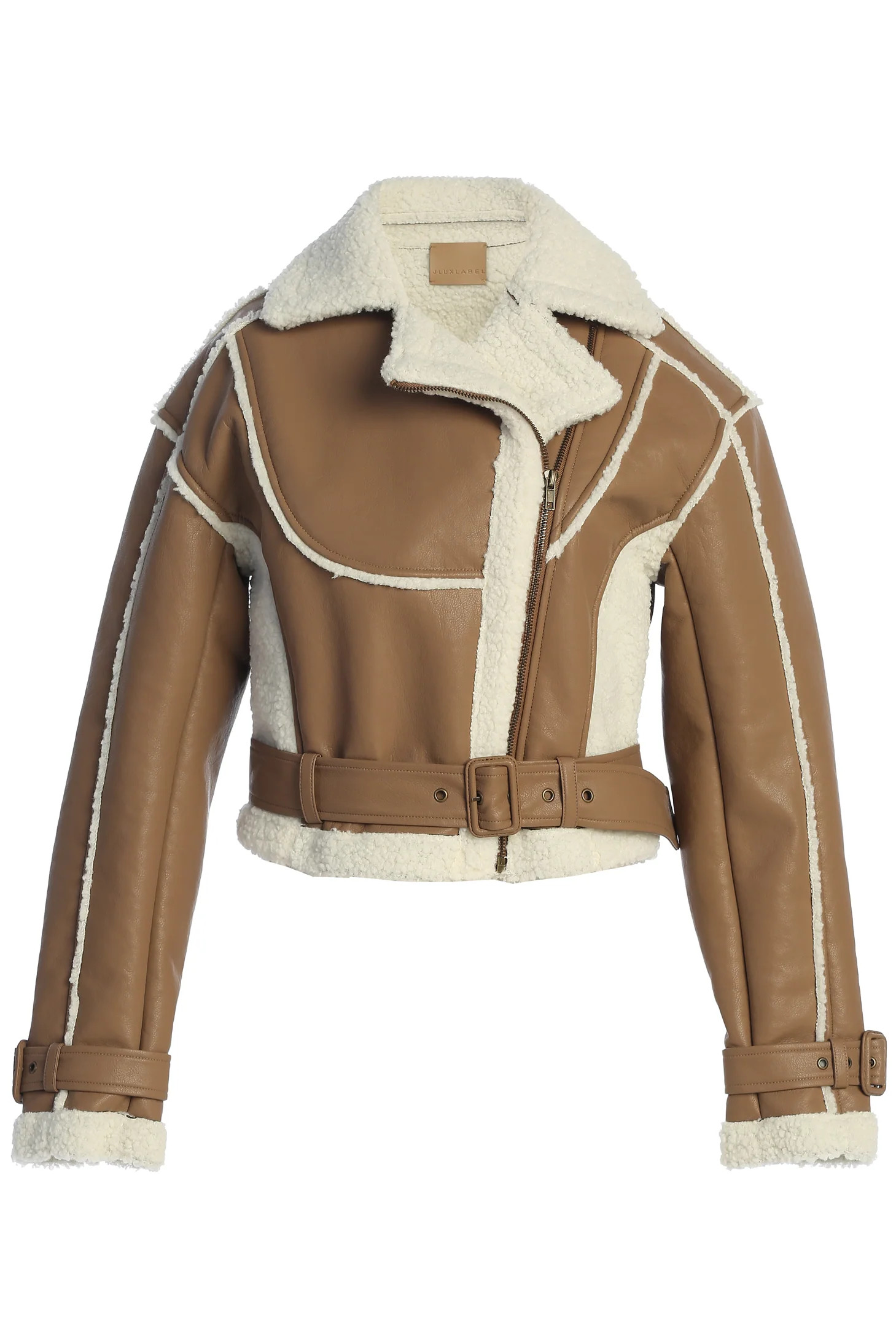 Tan Faux Leather Sherpa Jacket | JLUXLABEL