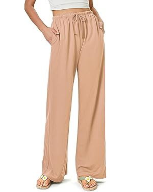 keriffe Women's Flowy Wide Leg Pants Casual Beach Pants High Waisted Drawstring Palazzo Trousers ... | Amazon (US)