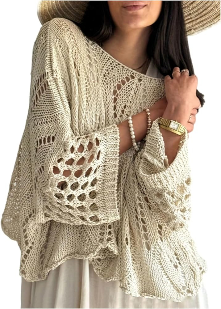 GORGLITTER Women's Crochet Poncho Tops Long Sleeve Boat Neck Bat Wing Boho Western Light Weight P... | Amazon (US)