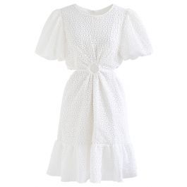 O-Ring Waist Cutwork Mini Dress in White | Chicwish