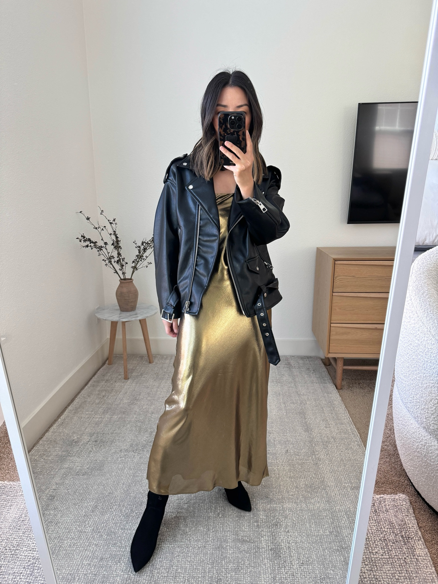 J.crew Gwyneth slip dress in gold lame. So good for the holidays. I size up to a 2 regular to get this loose long fit. 

Mango jacket xxs
J.crew dress 2 regular
Stuart Weitzman boots 35

#LTKSeasonal #LTKshoecrush #LTKHoliday