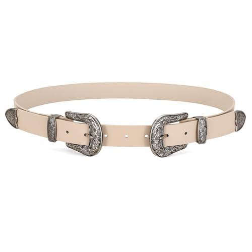 JASGOOD Double Buckle Western Belts For Woman Cowgirl Country Belt Vintage Beige Leather Belt For Jeans Pants Dresses | Amazon (US)