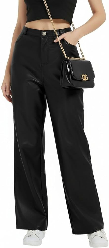 Women's Black Leather Pants - High Waist Faux Leather Straight Leg Bell Bottom Flare Pants | Amazon (US)