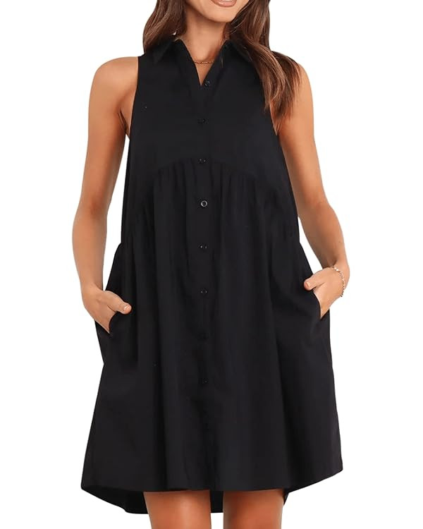 DEEP SELF Women Summer Collared Shirt Dress Casual Loose Button Down Short Dress V Neck Tunic Min... | Amazon (US)