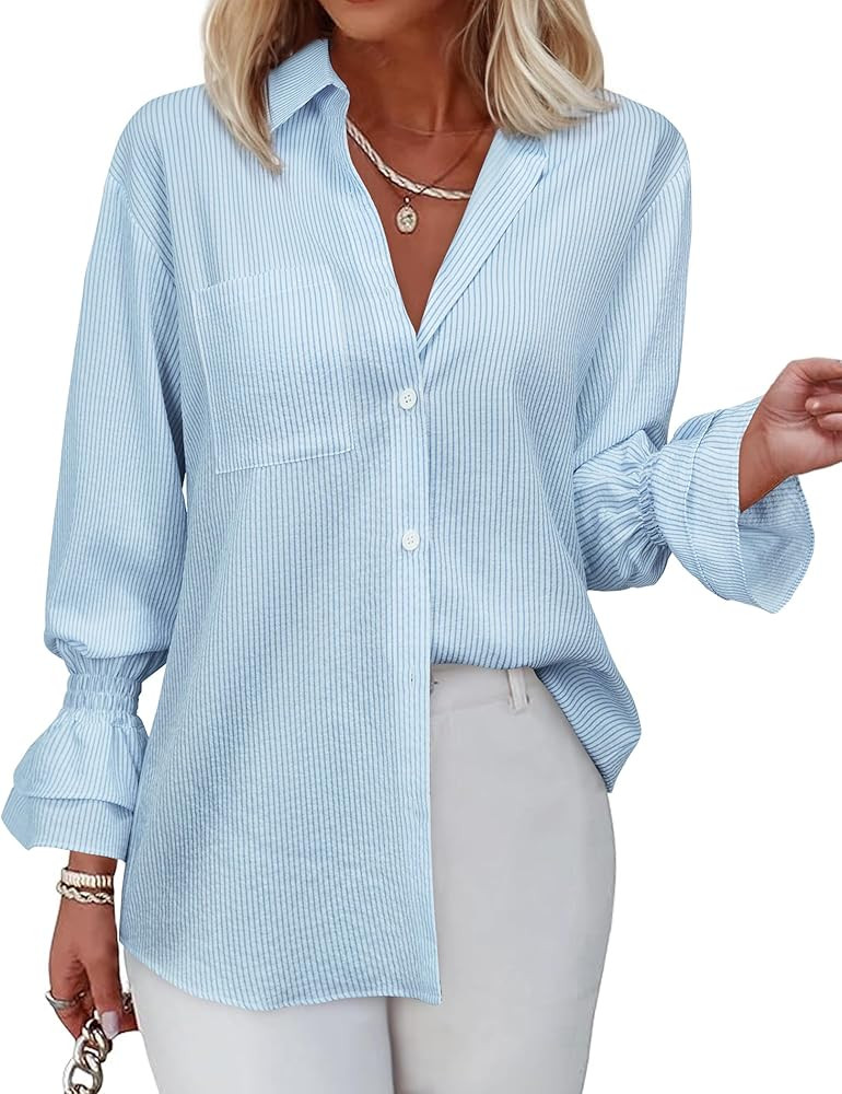 Women's Striped Button Down Shirt Smocked Cuffed Boyfriend Blouse Ruffle Sleeve Casual Tunic Tops... | Amazon (US)