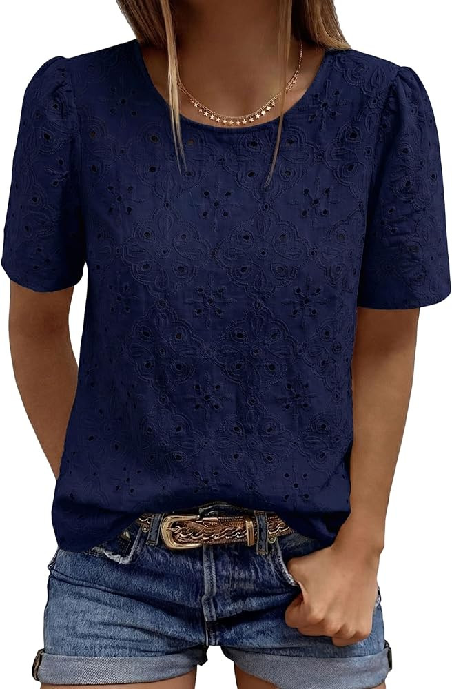PRETTYGARDEN Embroidered Eyelet Tops for Women Summer Blouses Dressy Casual 2026 Spring Work Teac... | Amazon (US)
