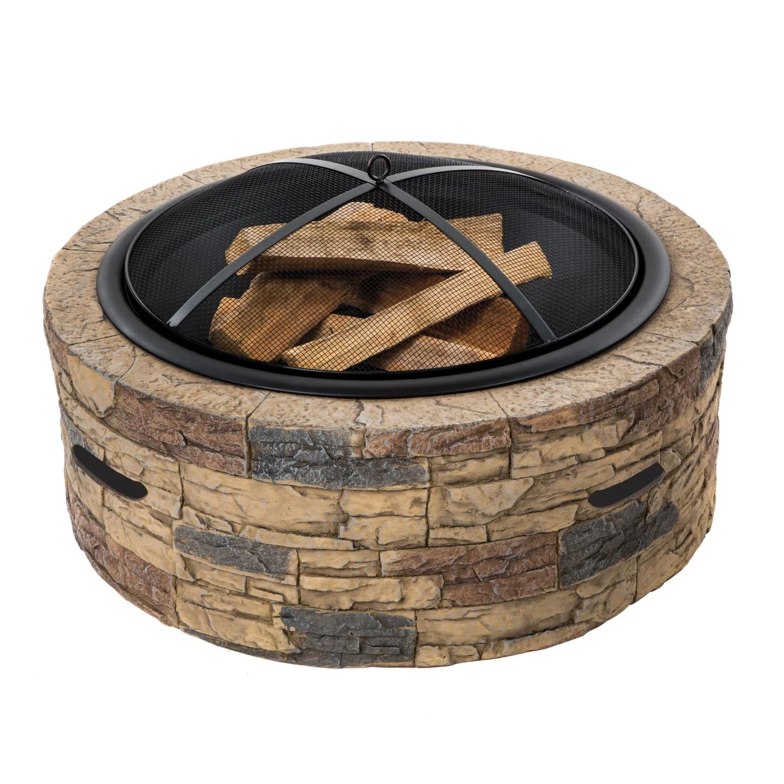 Sun Joe 35" Wood Burning Fire Pit with Dome Screen & Poker, Cast Stone Base, Natural Stone | Walmart (US)