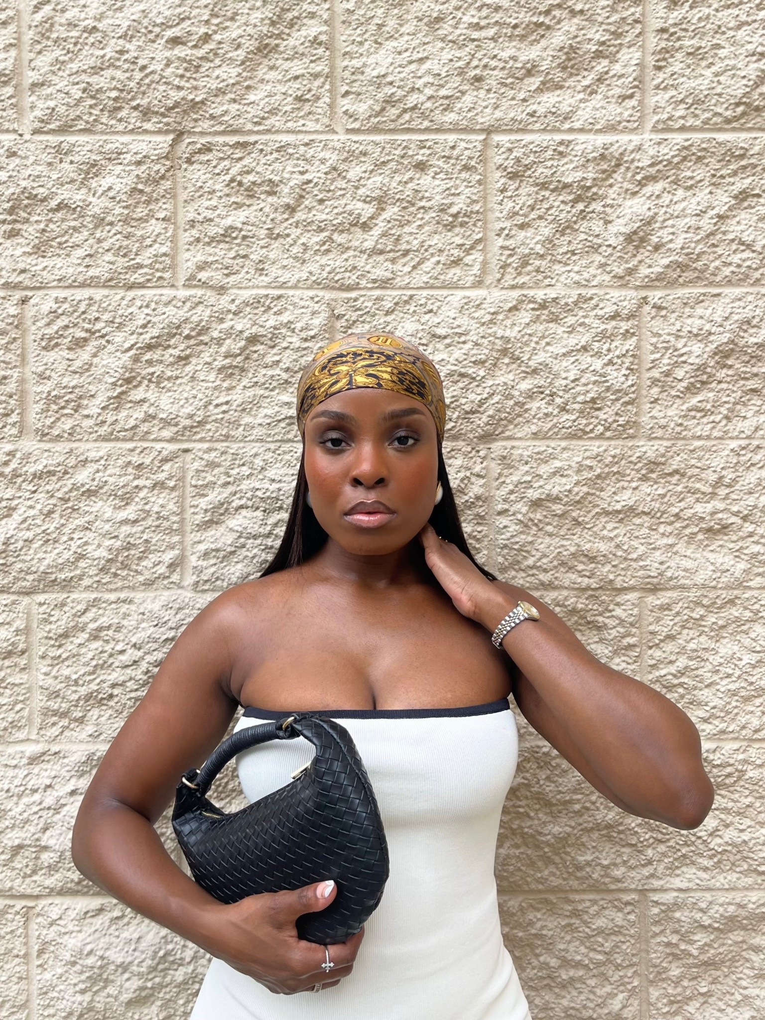 Fitted cream maxi dress, summer dress, strapless dress, silk head wrap, silk bohemian paisley print 