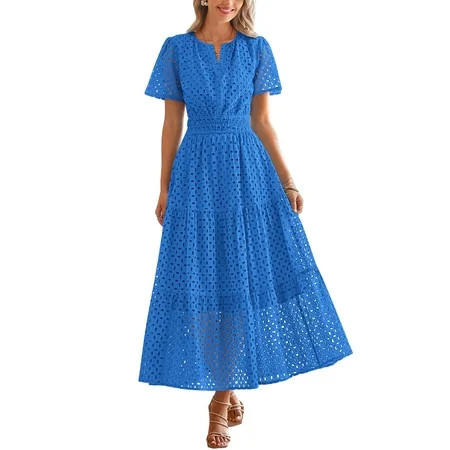 PRETTYGARDEN Womens Summer Maxi Dress Short Sleeve V Neck Hollow Out Eyelet A Line Long Flowy Beach Vacation Dresses | Walmart (US)