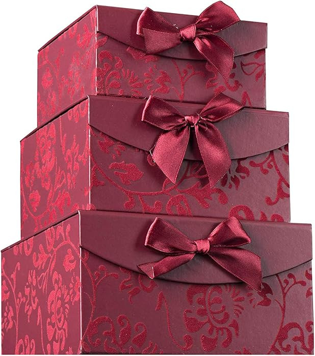 Burgundy Small Swirl Nesting Elegant Christmas Gift Boxes - Set of 3 - With Bows and Magnetic Clo... | Amazon (US)