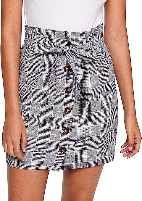 WDIRARA Women's Casual Plaid High Waist Button Closure A-line Mini Short Skirt | Amazon (US)
