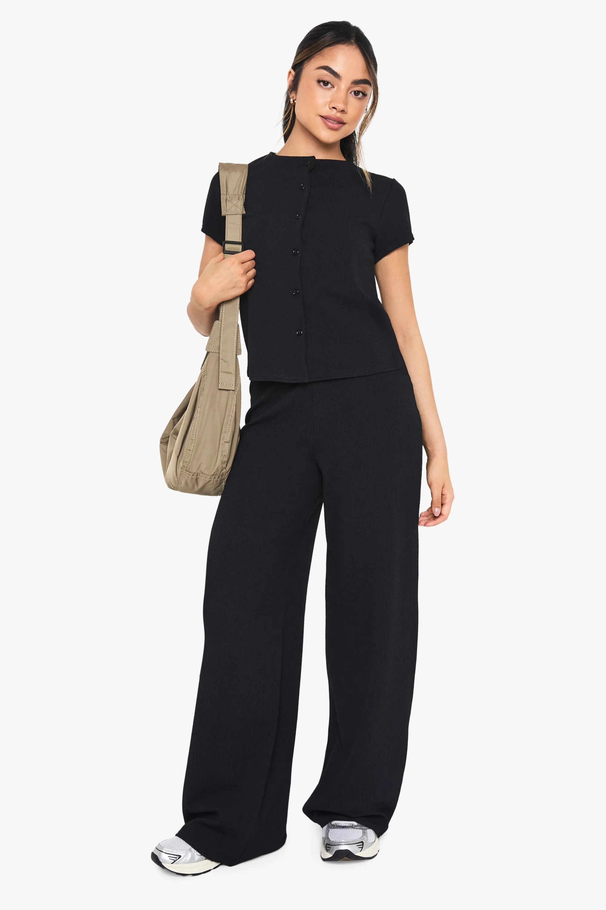 Black Crinkle Rib Button Through Cap Sleeve Top and Trouser Set | Boohoo | Boohoo.com (UK & IE)