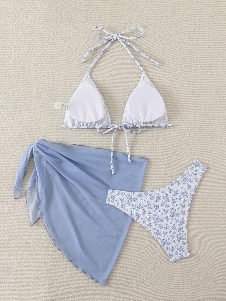 Swim Mod Women's Summer Beach Ditsy Floral Halter Neck Tie Bikini Swimwear Set With Cover-Up Skirt, 3 Pieces Bathing Suits | SHEIN