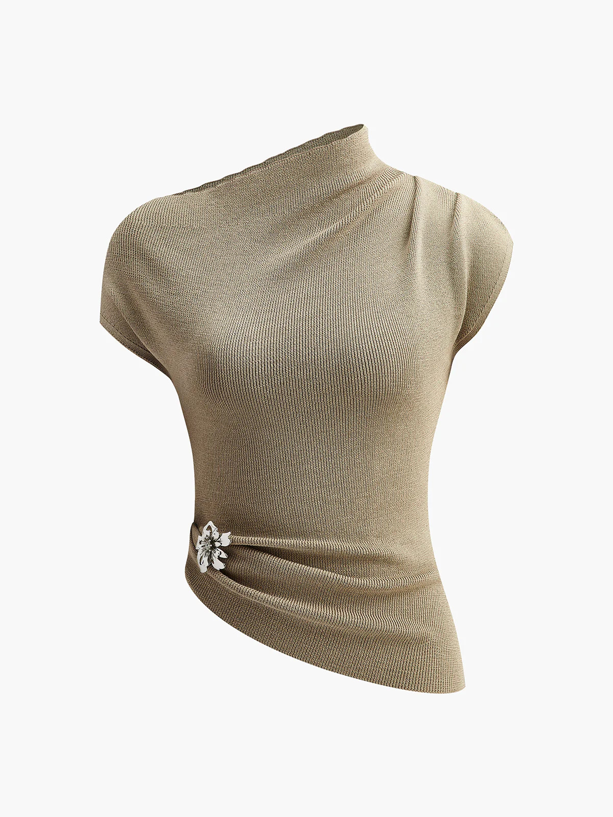 Asymmetric Neck Metal Detail Knit Top | Commense