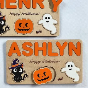 Baby toddler kid Halloween toy Wooden name puzzle with black cat, ghost and pumpkin | Etsy (US)