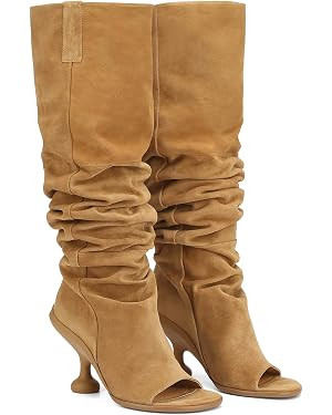Women's Leather Knee High Boots Open Square Toe Pull On Slouchy Wide Calf Boots | Amazon (US)