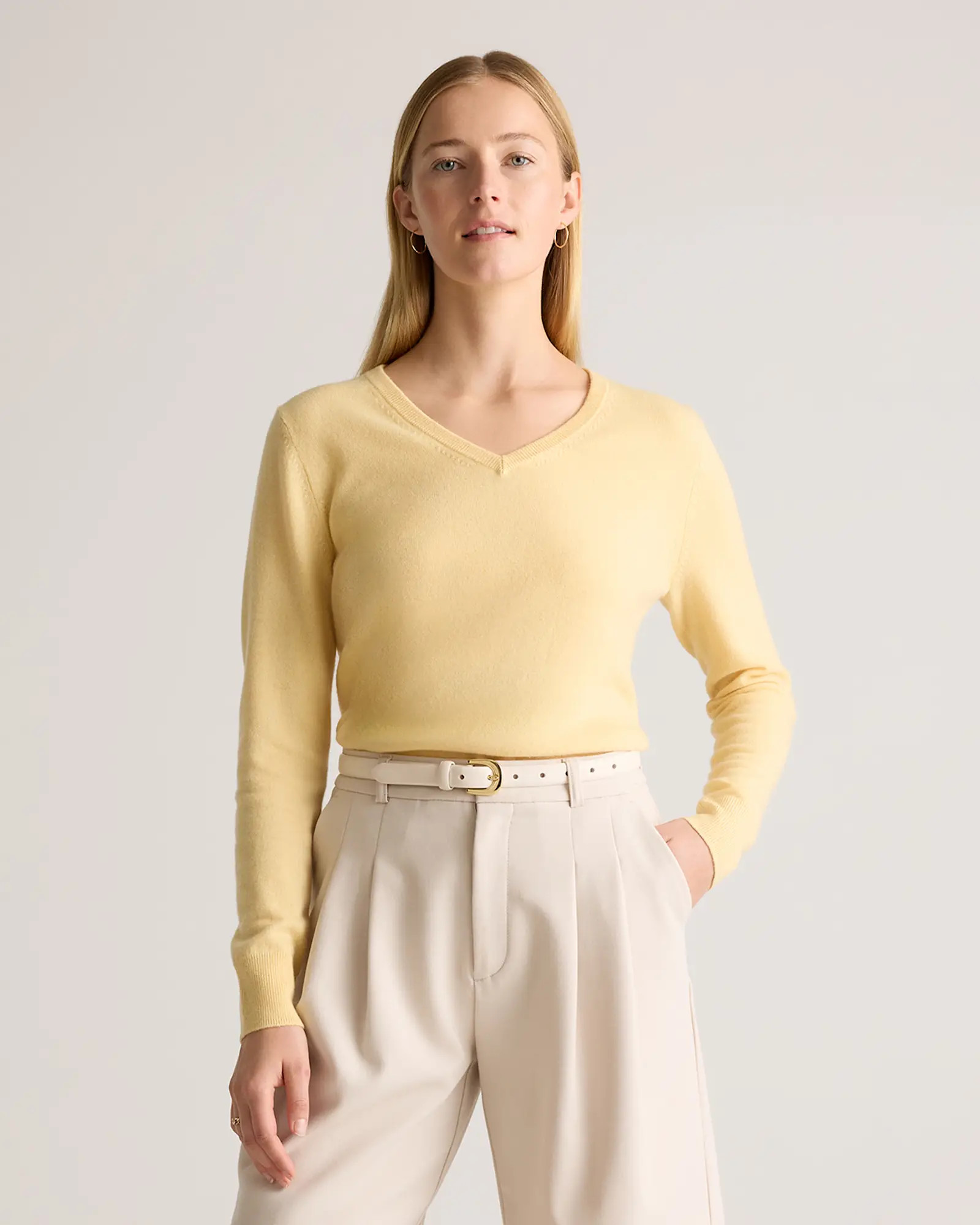 Mongolian Cashmere V-Neck Sweater in Butter Yellow | Quince