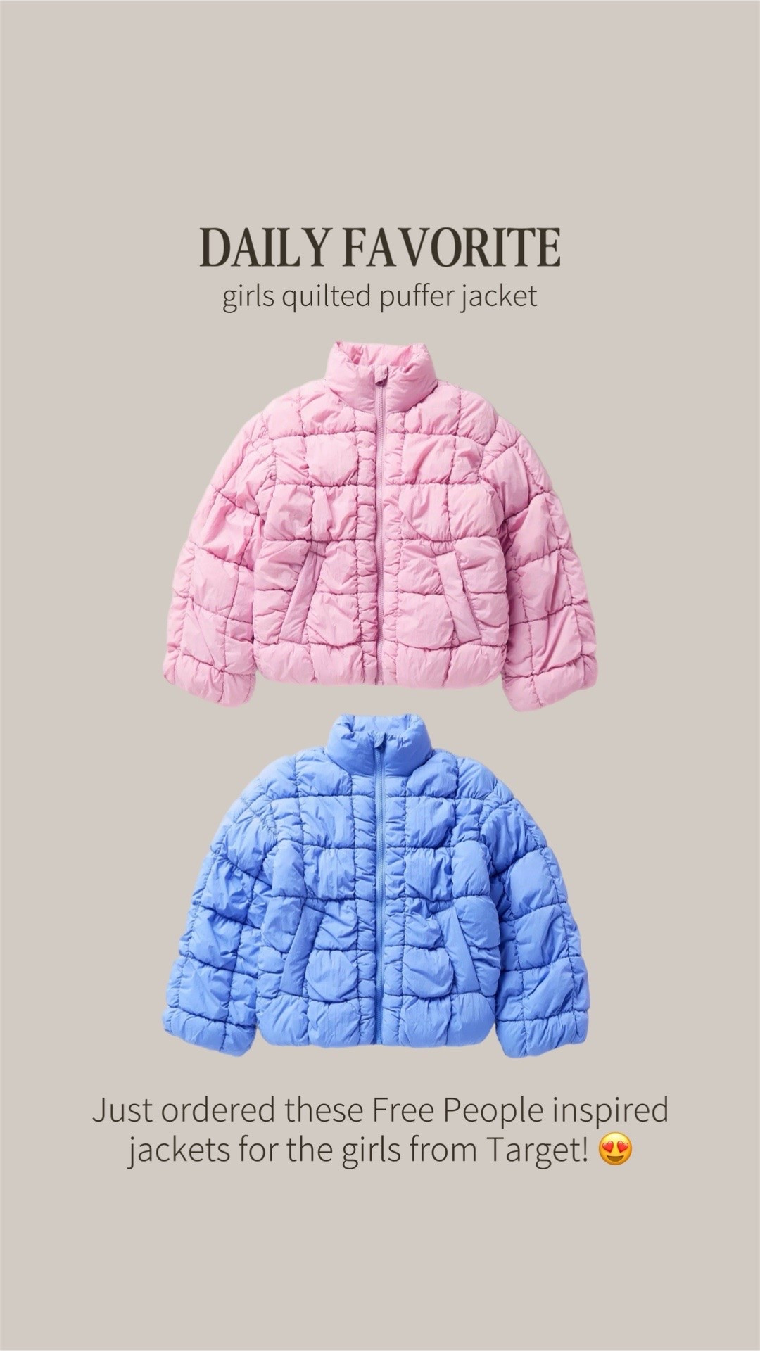Just ordered these adorable Free People-inspired quilted puffer jackets for the girls from Target! 😍 The oversized quilted pattern and fun colors are SO cute, and I love getting the look for less!

Target finds, Target kids clothing, girls puffer jacket, girls winter coat, quilted puffer jacket, Free People inspired, Free People look for less, affordable kids fashion, girls fall outfits, girls winter outfits, Target girls clothing, kids outerwear, pink puffer jacket, blue puffer jacket
