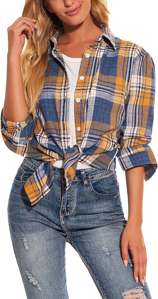 GUANYY Women's Long Sleeve Casual Loose Classic Plaid Button Down Shirt | Amazon (US)