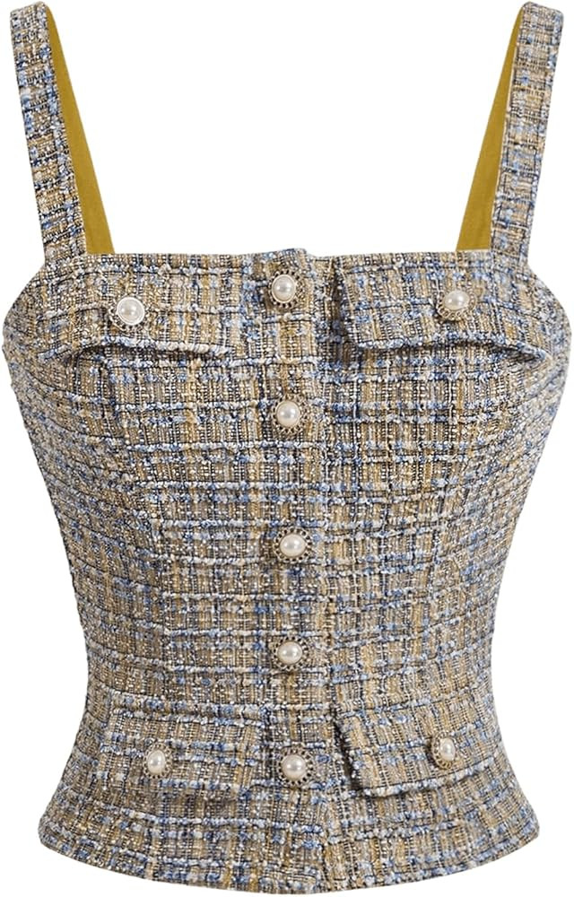 Floerns Women's Elegant Tweed Button Front Plaid Camisole Sleeveless Tank Tops | Amazon (US)
