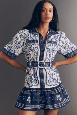 Farm Rio Porcelain Garden Belted Linen Mini Dress | Anthropologie (US)