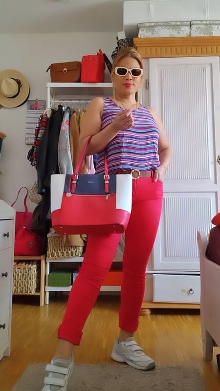 Spring Look with Red Pant and stripe top and Shopping bag. 

