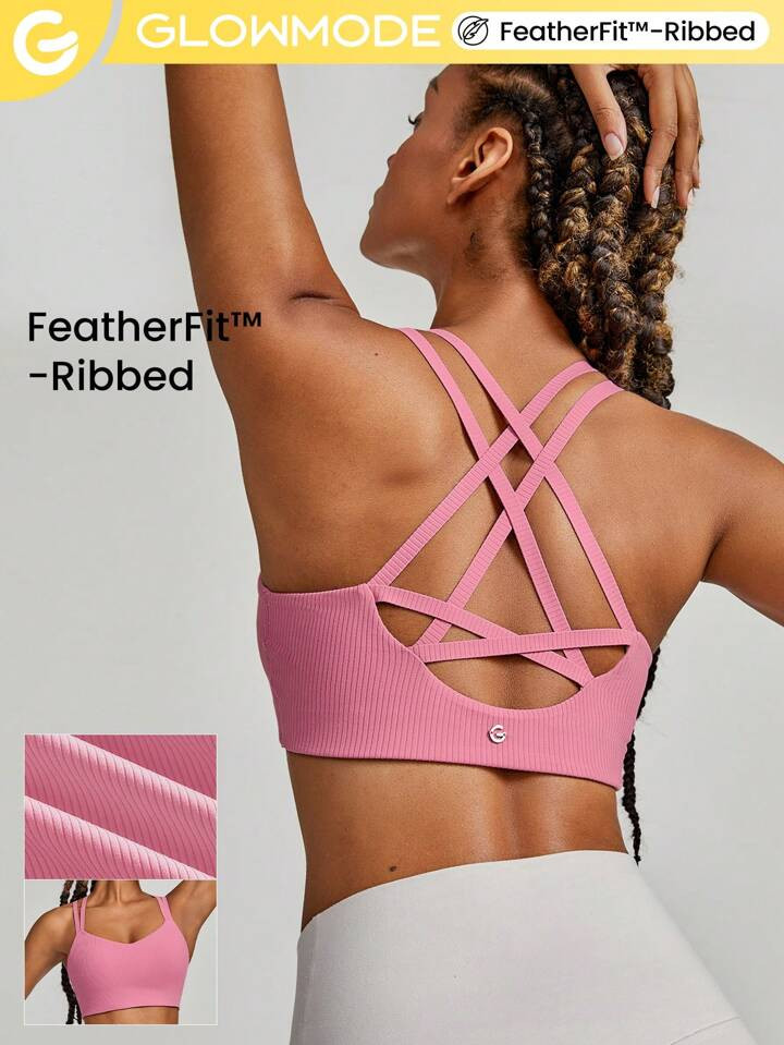 GLOWMODE FeatherFit™-Ribbed Heart-Shaped Sweetheart Neckline Strappy Sports Bra Light Support L... | SHEIN