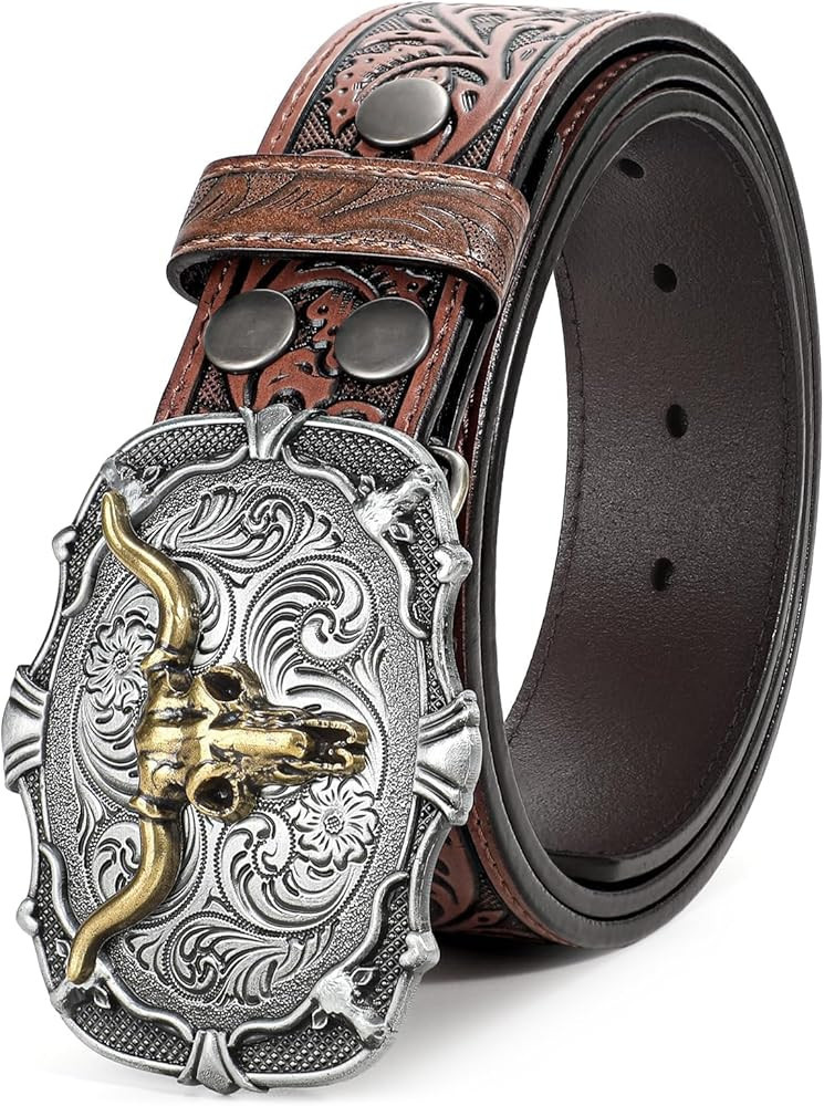 BELTROAD Western Leather Buckle Belt for Men Women Cowboy Cowgirl Mens Leather Belt for Jeans Chr... | Amazon (US)